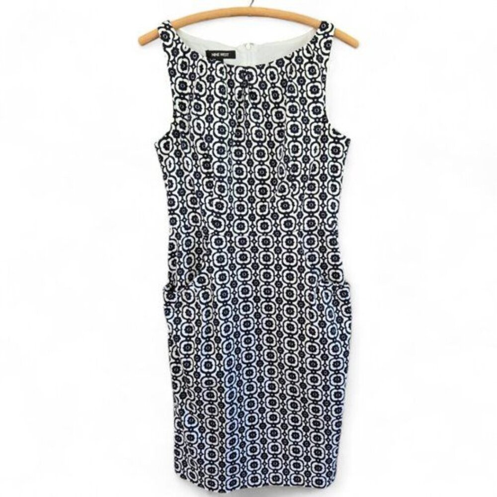 Nine West Blue & White Sleeveless Damask Floral Print Sheath Dress Size 10